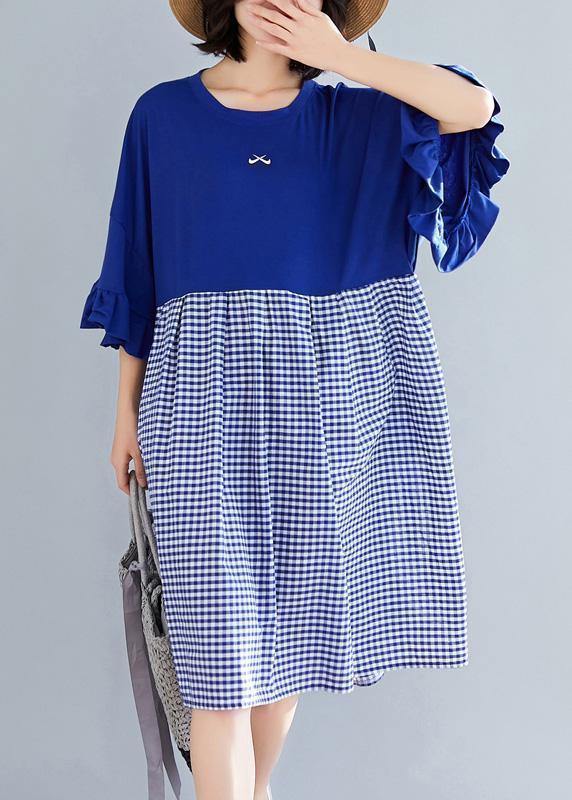 100% Blue Plaid Cotton Clothes Sweets Runway O Neck Butterfly Sleeve Shift Summer Dress