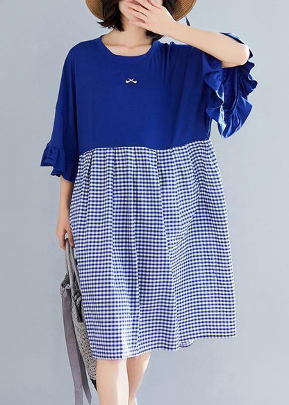 100% Blue Plaid Cotton Clothes Sweets Runway O Neck Butterfly Sleeve Shift Summer Dress