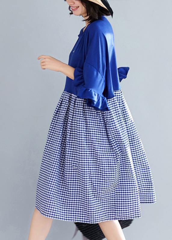 100% Blue Plaid Cotton Clothes Sweets Runway O Neck Butterfly Sleeve Shift Summer Dress