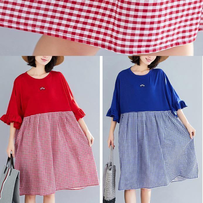 100% Blue Plaid Cotton Clothes Sweets Runway O Neck Butterfly Sleeve Shift Summer Dress