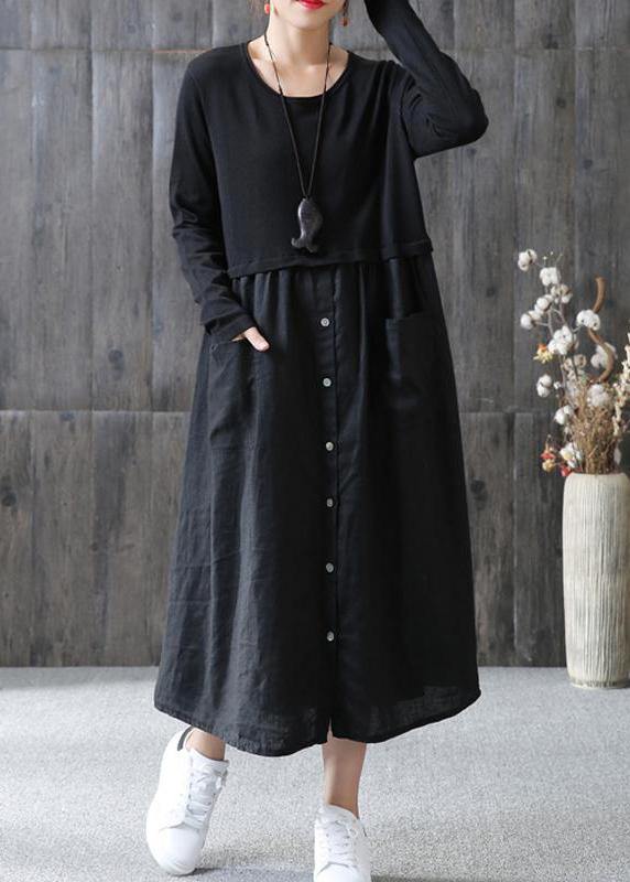 100% Cotton Tunic Omychic Cotton Spliced Female Long Sleeve Black Dress