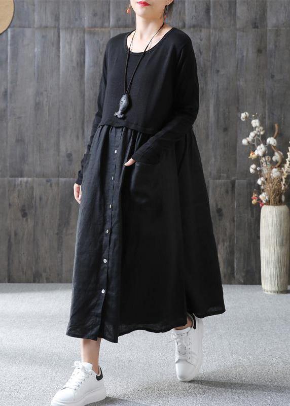 100% Cotton Tunic Omychic Cotton Spliced Female Long Sleeve Black Dress