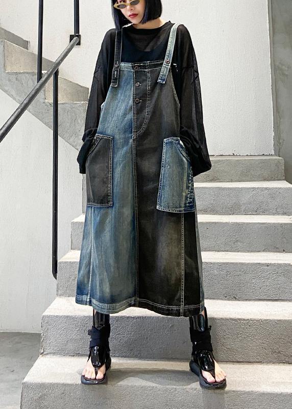 100% Denim Black Cotton Quilting Clothes Sleeveless Pockets Maxi Dresses