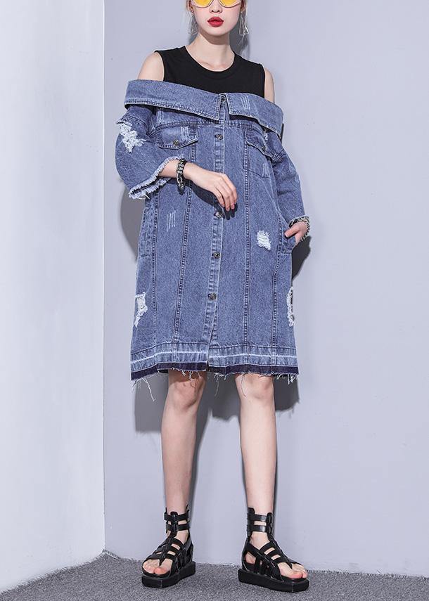 100% Denim Blue Cotton Long Shirts Slash Neck Oversized Summer Dresses