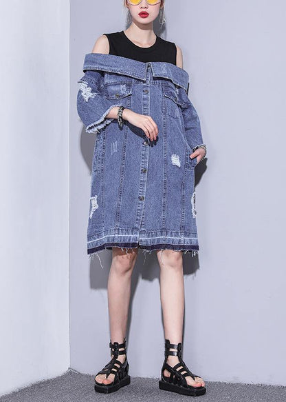 100% Denim Blue Cotton Long Shirts Slash Neck Oversized Summer Dresses