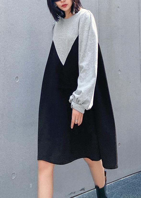 100% Gray Robes O Neck Patchwork Black Long Dress