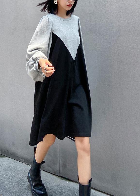 100% Gray Robes O Neck Patchwork Black Long Dress