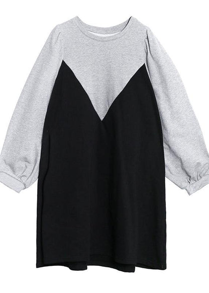 100% Gray Robes O Neck Patchwork Black Long Dress
