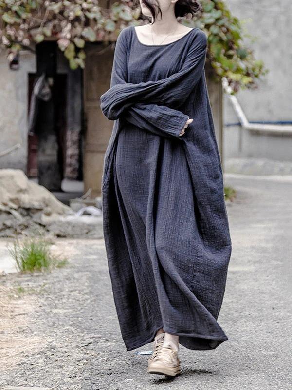 100% Gray Cotton Robes O Neck Baggy Maxi Spring Dress