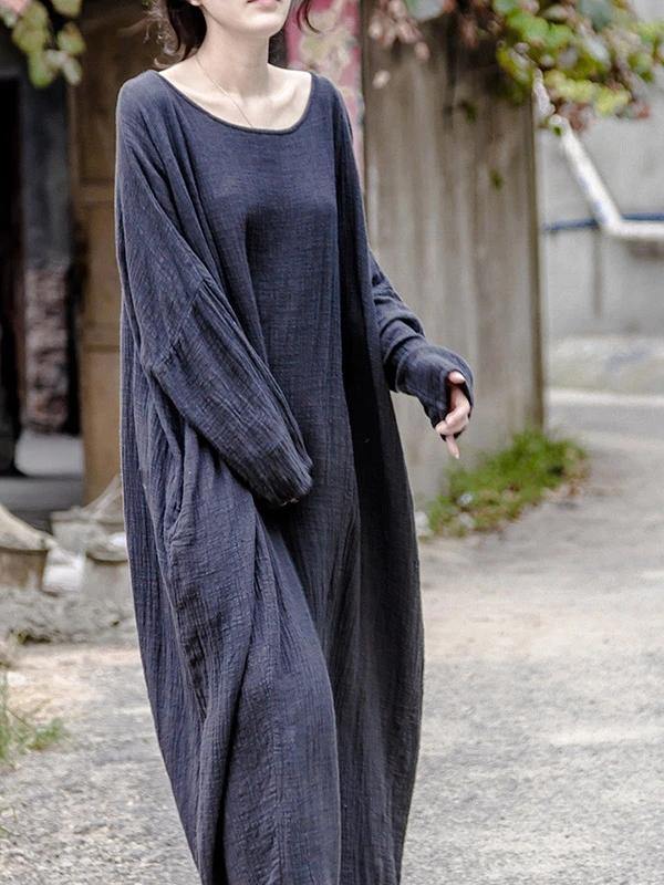 100% Gray Cotton Robes O Neck Baggy Maxi Spring Dress