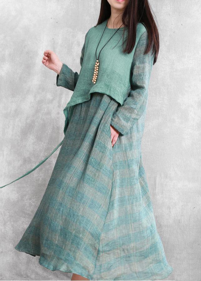 100% Green Plaid Tunic Top O Neck Asymmetric Maxi Fall Dresses