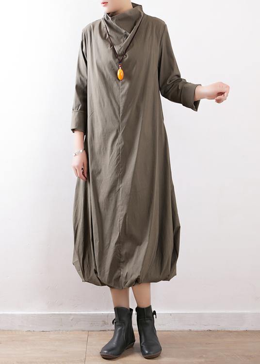 100% High Neck Asymmetric Cotton Dresses Gray Green Art Dress Fall