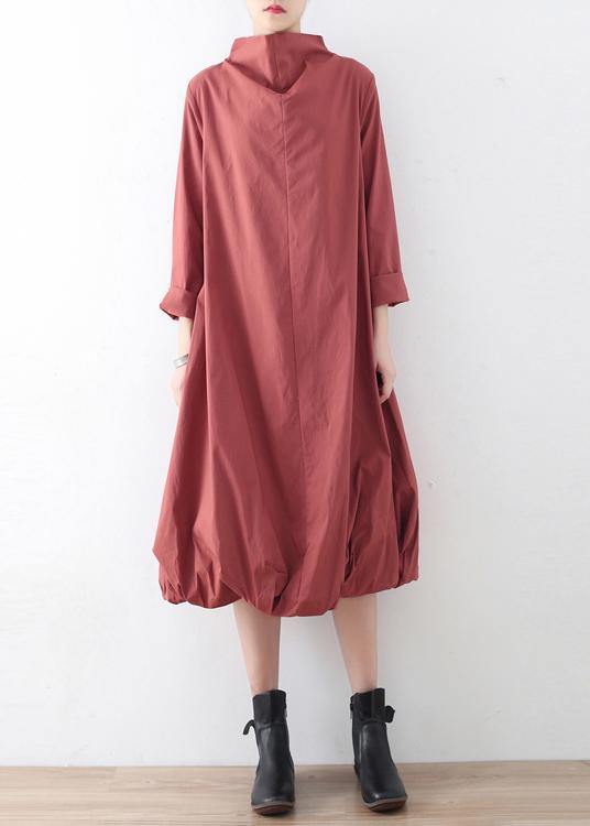 100% High Neck Asymmetric Cotton Dresses Gray Green Art Dress Fall