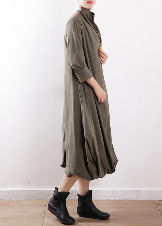 100% High Neck Asymmetric Cotton Dresses Gray Green Art Dress Fall