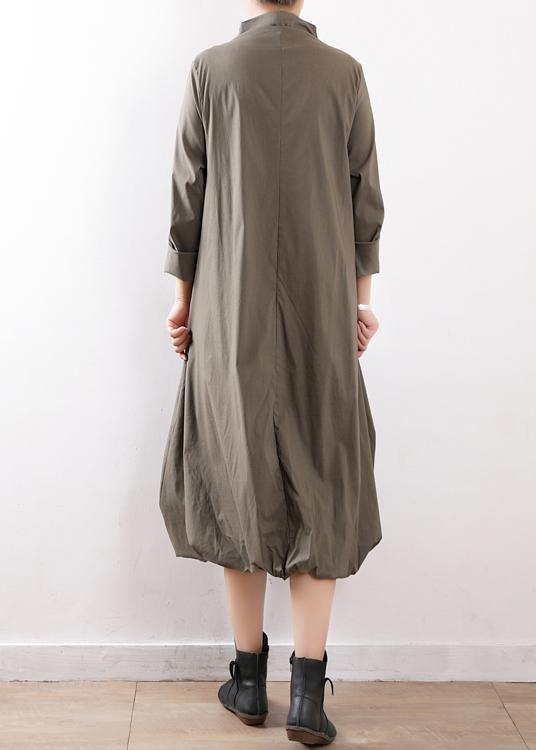 100% High Neck Asymmetric Cotton Dresses Gray Green Art Dress Fall