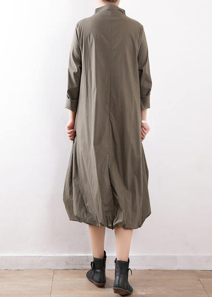 100% High Neck Asymmetric Cotton Dresses Gray Green Art Dress Fall