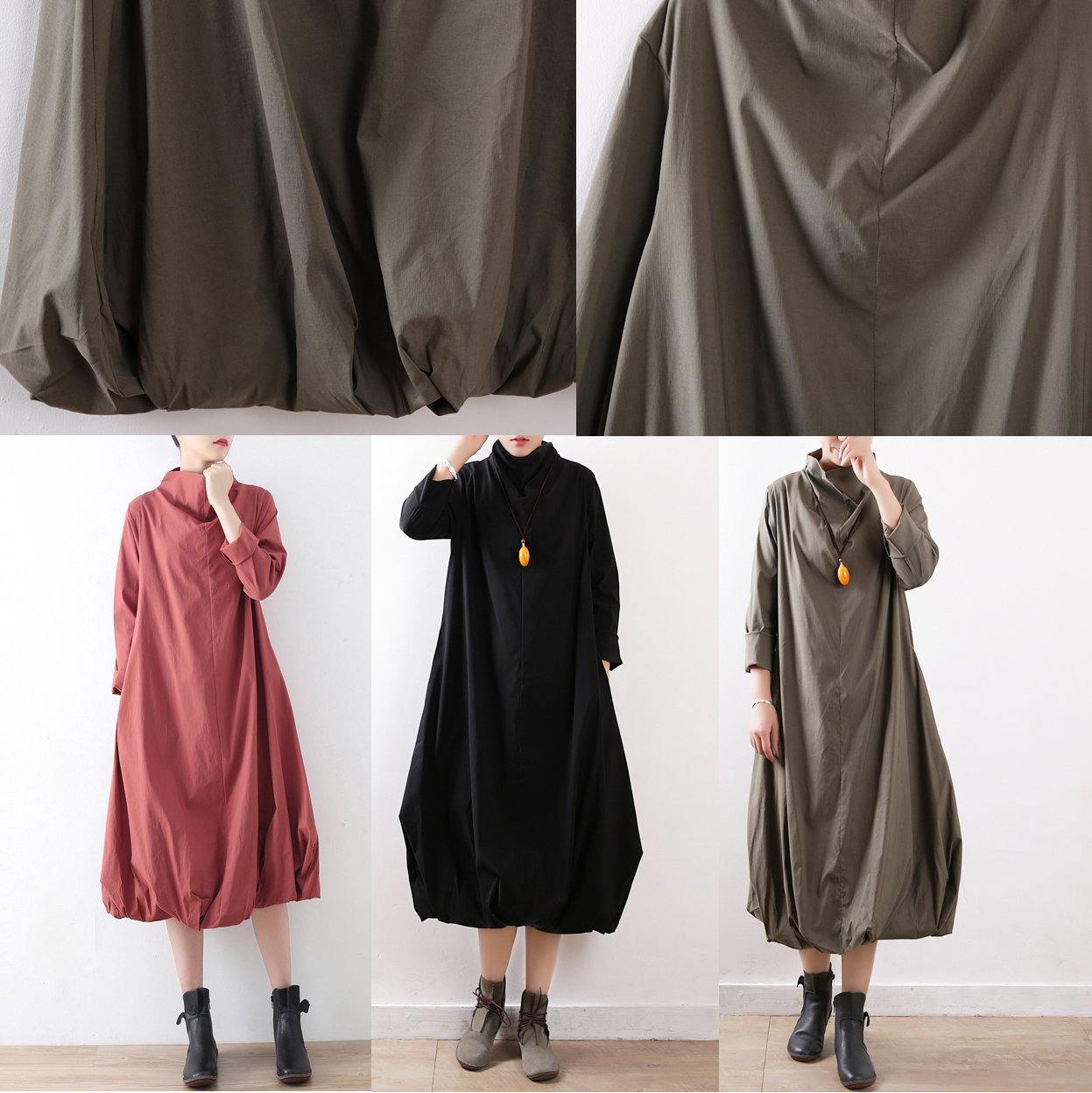 100% High Neck Asymmetric Cotton Dresses Gray Green Art Dress Fall