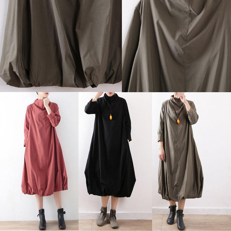 100% High Neck Asymmetric Cotton Dresses Gray Green Art Dress Fall