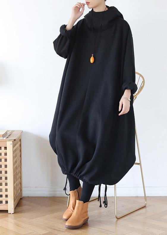 100% Hooded Asymmetric Cotton Wardrobes Work Black Maxi Dress