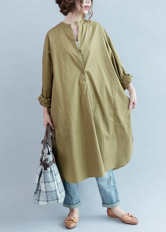 100% Khaki Cotton Clothes Side Open Loose Fall Dress