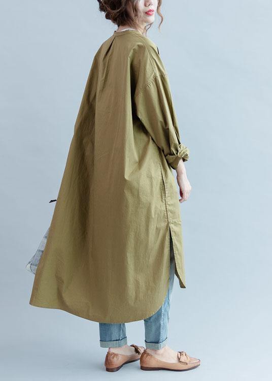 100% Khaki Cotton Clothes Side Open Loose Fall Dress