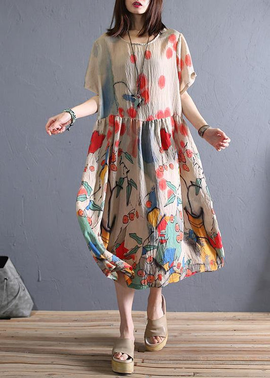 100% Khaki Print Cotton Tunics O Neck Cinched Cotton Robes Dresses