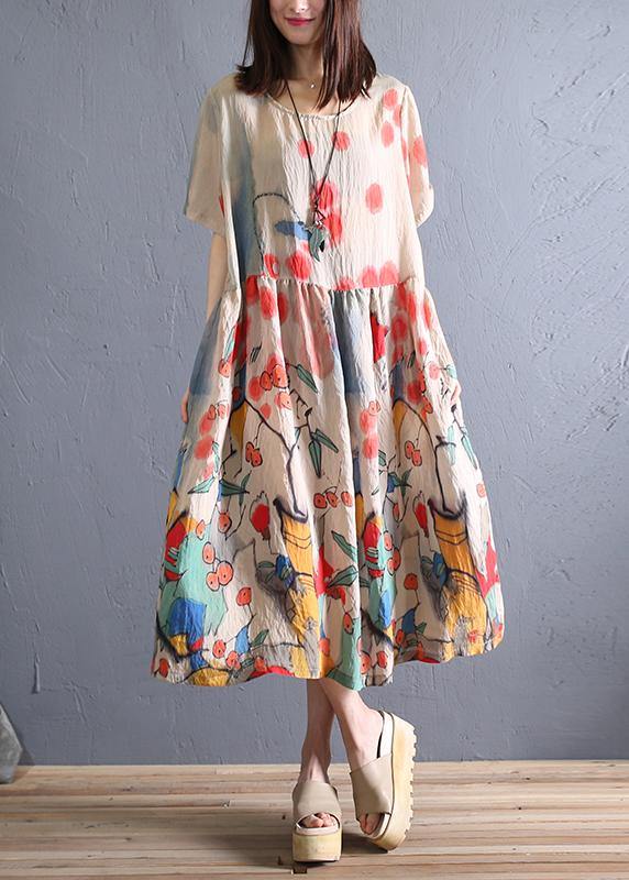 100% Khaki Print Cotton Tunics O Neck Cinched Cotton Robes Dresses
