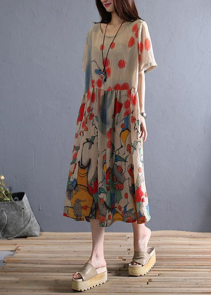 100% Khaki Print Cotton Tunics O Neck Cinched Cotton Robes Dresses