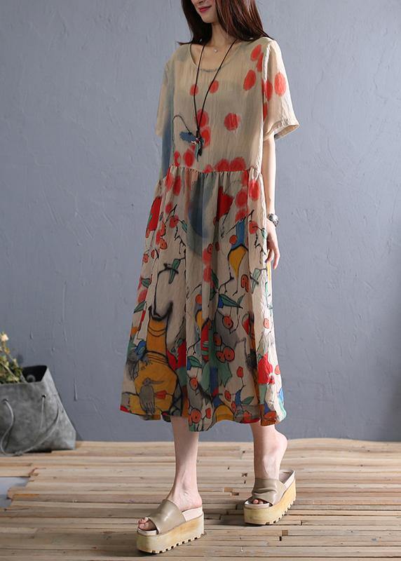 100% Khaki Print Cotton Tunics O Neck Cinched Cotton Robes Dresses