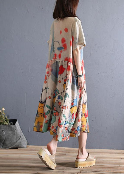 100% Khaki Print Cotton Tunics O Neck Cinched Cotton Robes Dresses