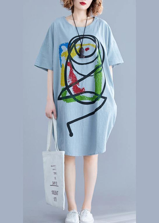 100% Light Green O Neck Cotton Clothes Cartoon Print Baggy Summer Dresses