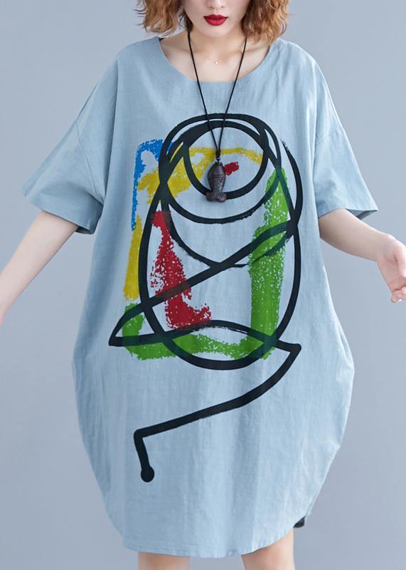 100% Light Green O Neck Cotton Clothes Cartoon Print Baggy Summer Dresses