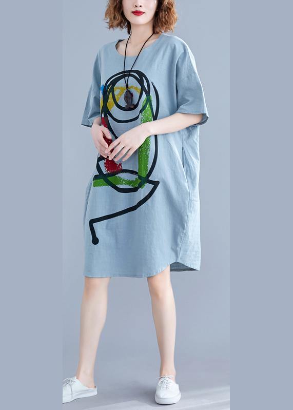 100% Light Green O Neck Cotton Clothes Cartoon Print Baggy Summer Dresses