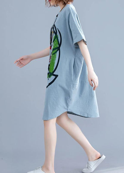 100% Light Green O Neck Cotton Clothes Cartoon Print Baggy Summer Dresses