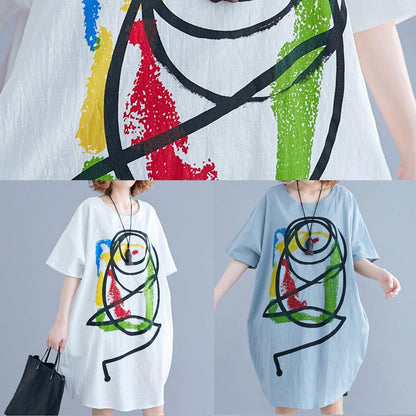 100% Light Green O Neck Cotton Clothes Cartoon Print Baggy Summer Dresses