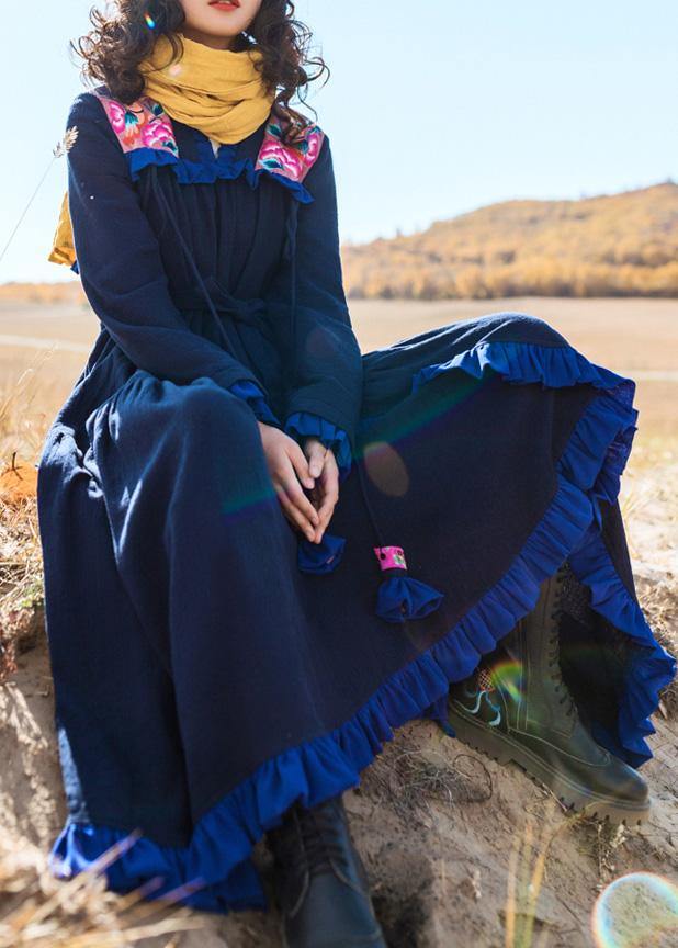 100% Navy Cotton Tunics Embroidery Dresses Ruffles Dresses