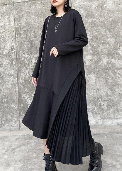 100% O Neck Ruffles Cotton Clothes Outfits Black Long Dresses