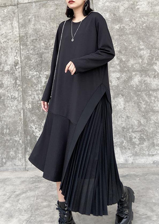 100% O Neck Ruffles Cotton Clothes Outfits Black Long Dresses