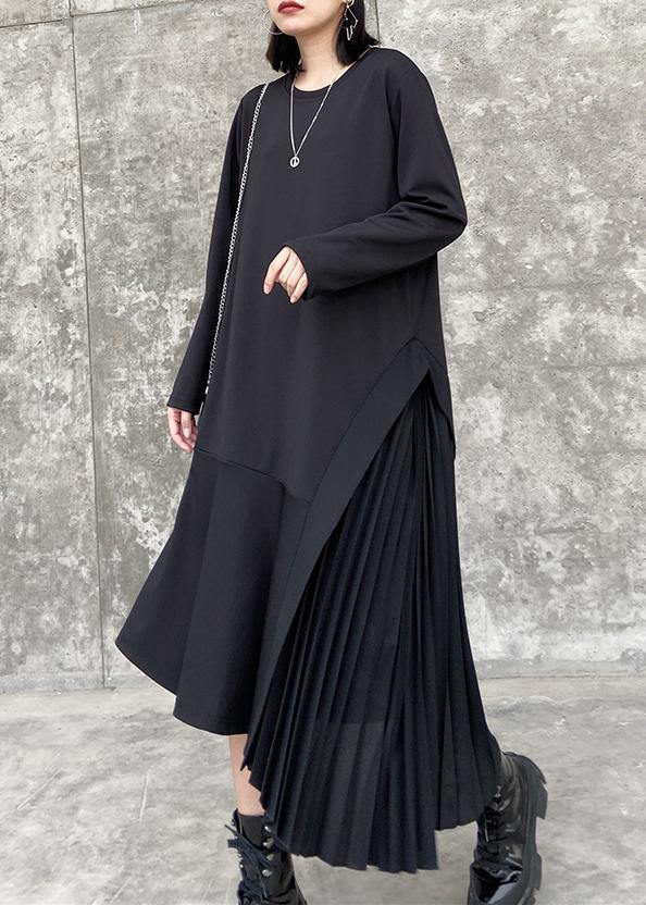 100% O Neck Ruffles Cotton Clothes Outfits Black Long Dresses
