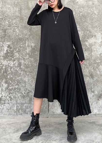 100% O Neck Ruffles Cotton Clothes Outfits Black Long Dresses
