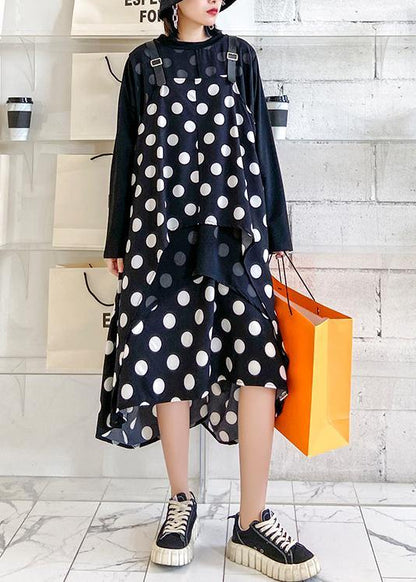 100% O Neck Asymmetric Clothes Tutorials Black Dotted Long Dress