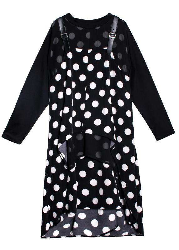 100% O Neck Asymmetric Clothes Tutorials Black Dotted Long Dress