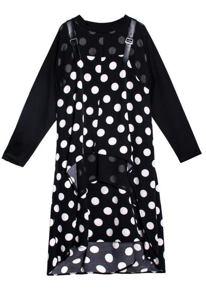 100% O Neck Asymmetric Clothes Tutorials Black Dotted Long Dress