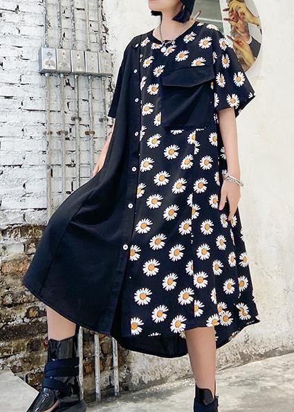 100% O Neck Asymmetric Cotton Clothes Shirts Black Print Cotton Robes Dress