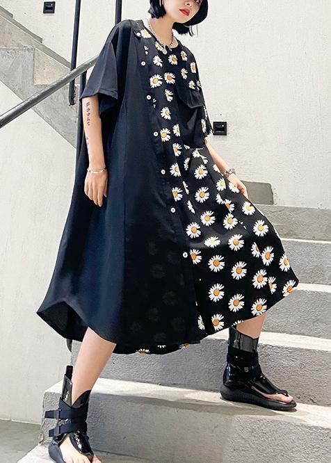 100% O Neck Asymmetric Cotton Clothes Shirts Black Print Cotton Robes Dress