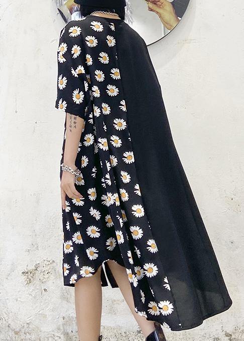 100% O Neck Asymmetric Cotton Clothes Shirts Black Print Cotton Robes Dress