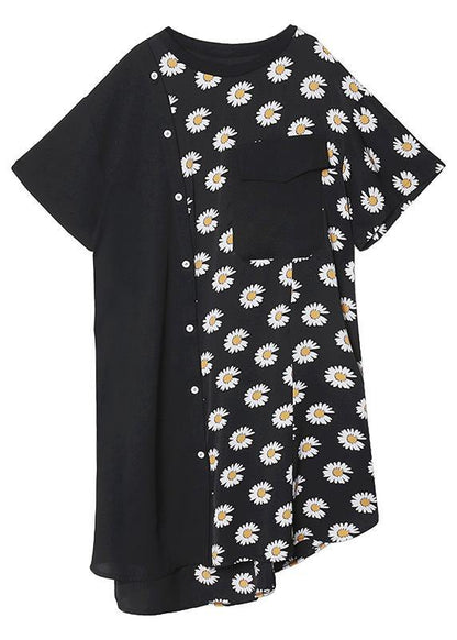 100% O Neck Asymmetric Cotton Clothes Shirts Black Print Cotton Robes Dress