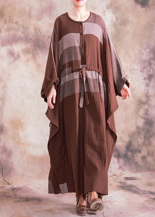 100% O Neck Asymmetric Linen Clothes for Brown Plaid Drawstring Dresses Fall