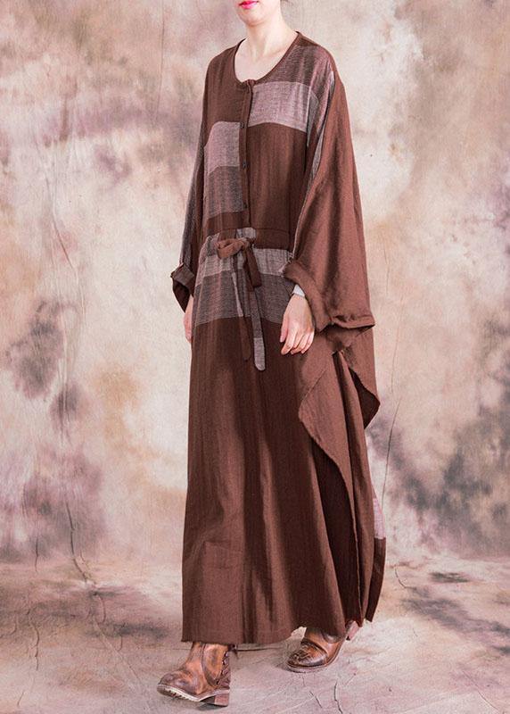 100% O Neck Asymmetric Linen Clothes for Brown Plaid Drawstring Dresses Fall