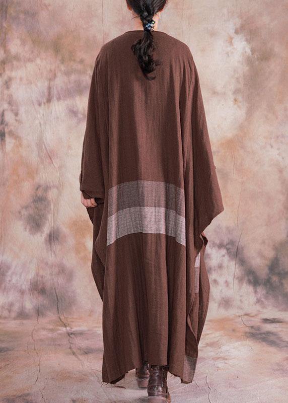 100% O Neck Asymmetric Linen Clothes for Brown Plaid Drawstring Dresses Fall